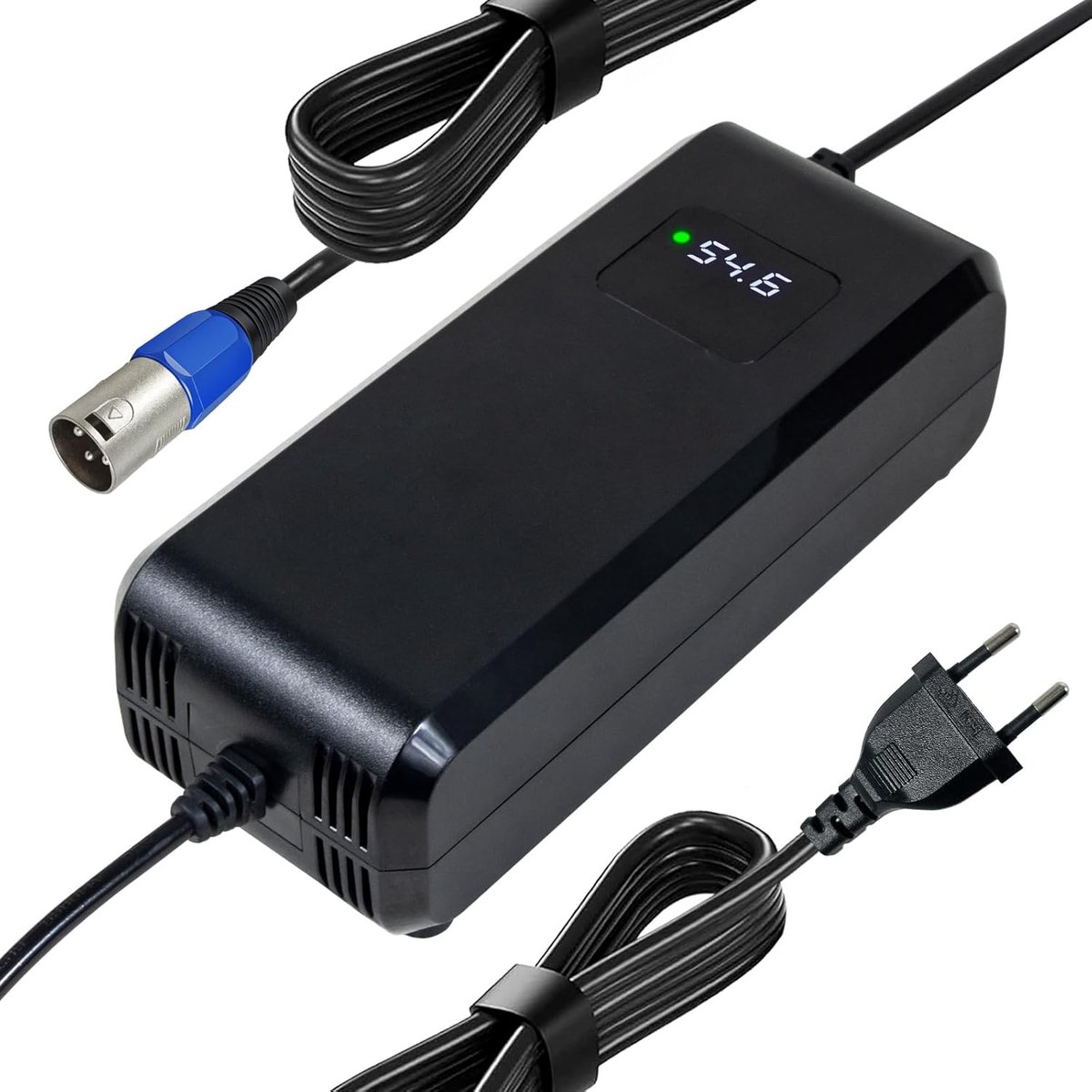 54,6 4 A lithium acculader voor e-bike, elektrische scooter, 48 V, 13 s Li-Ion accupack, 3-pins XLR-stekker, 48 V power-adapter, ingebouwde ventilator met display voor de weergave van de onmiddellijke