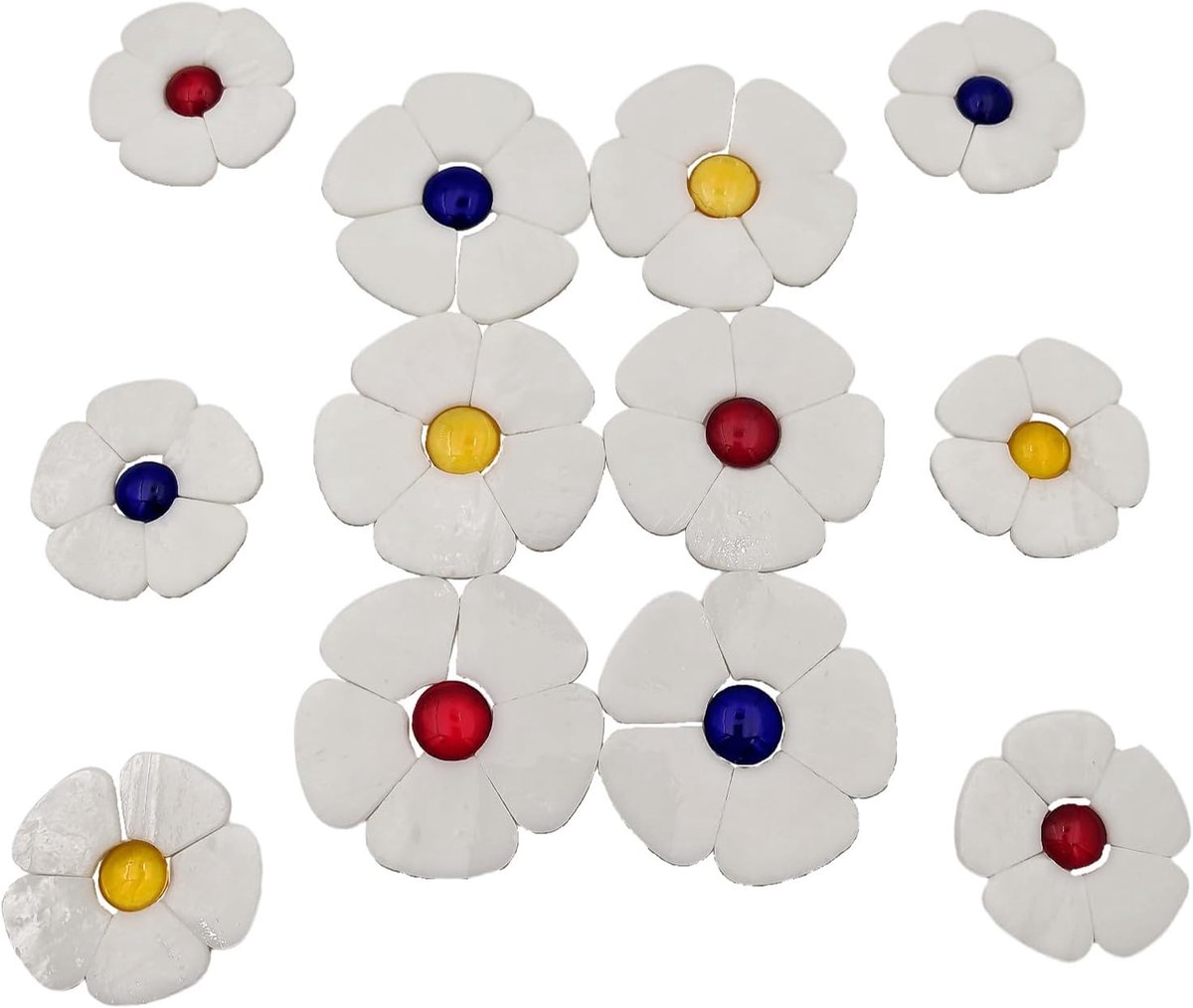 bloemtegels set - 12 bloemen met bloemblaadjes en platte kralen voor DIY knutselen, woondecoratie en tuinkunst (wit)