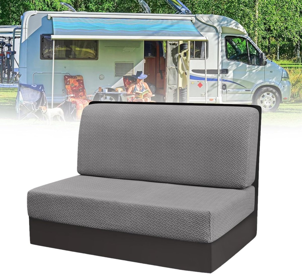 Zitkussenhoes voor caravan, 2 stuks (1 set), jacquard, elastisch, wasbaar, hoes voor bank, camper, zetelhoes (lichtgrijs)