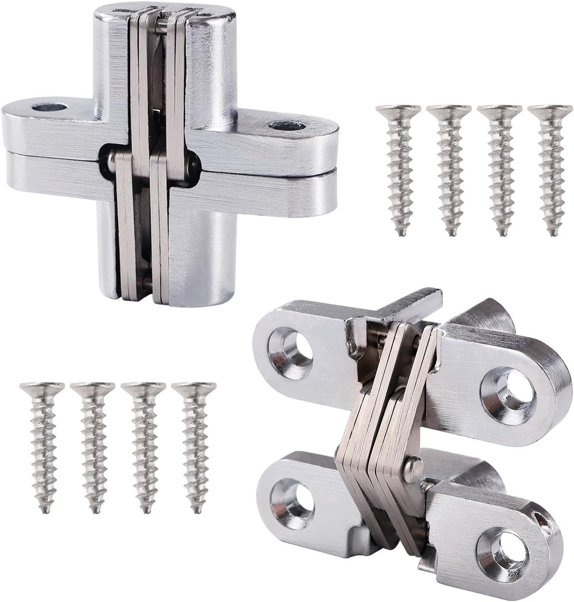 2 Stuks 43.7mm Onzichtbare Kruisscharnieren, 180° Zinklegering Verborgen Scharnier, Verborgen Vouwdeurscharnieren, met 8 Schroeven, voor Meubelbeslag, Zilver