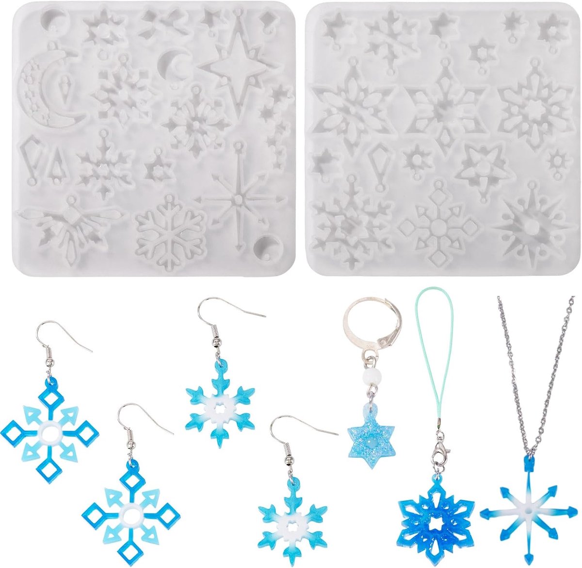 2-delige Sneeuwvlok Siliconen Mallen Kerstversiering Hangers Hars Mal voor Gieten UV Epoxy Hars Sieraden Maken Sleutelhanger Knutselen