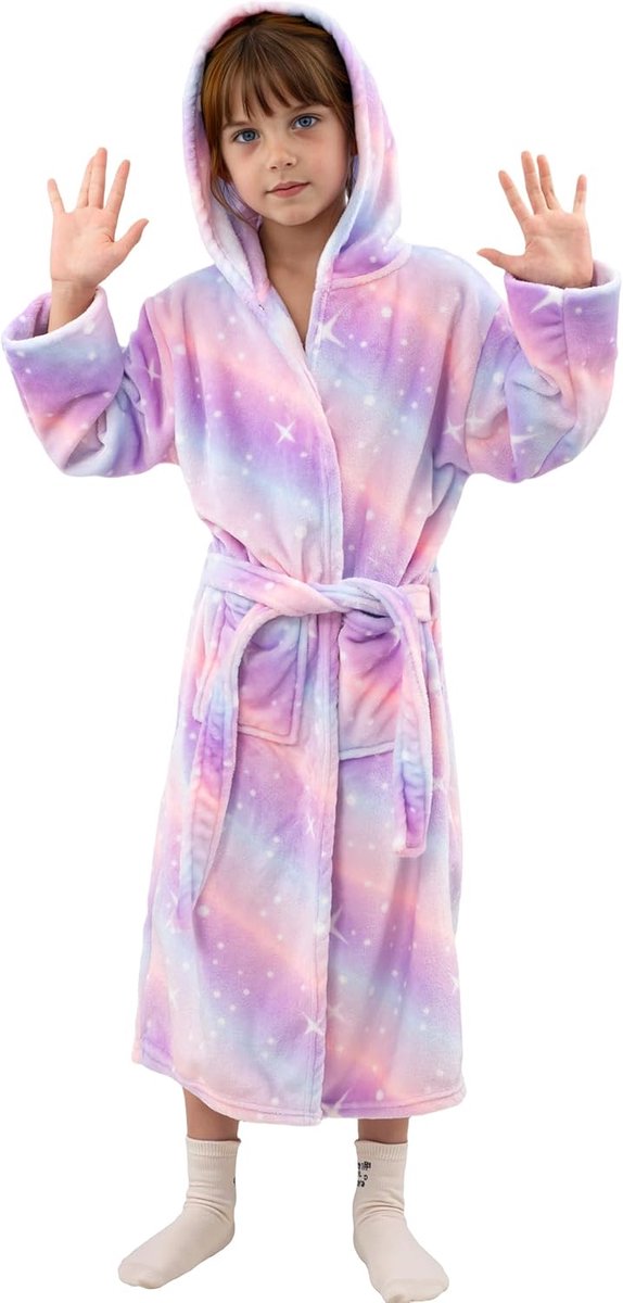 NANU Pluizige ochtendjas voor meisjes, regenboog, fleece badjas met capuchon, voor kinderen van 5-12 jaar, zachte, warme badjas met 2 zakken, roze, paars, rood, grijs