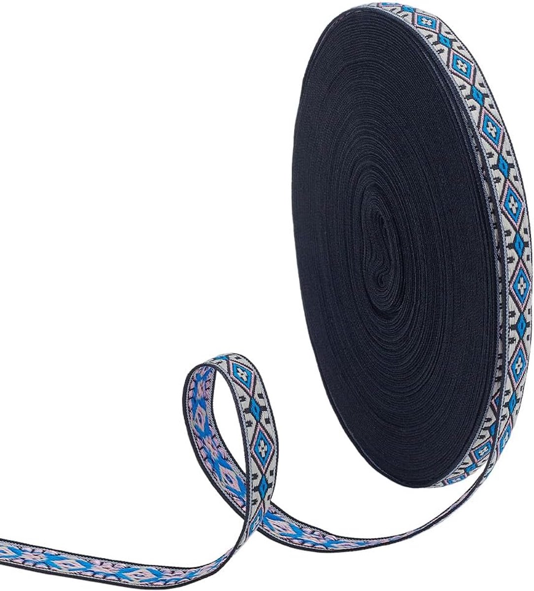 PandaHall 15 m Geborduurd lint 10 mm breed jacquardlint Etnische Jacquard Trim Ruit Geweven Trim Fringe Boho Jacquard Lint Retro Riemen Voor Naaien Crafting Kleding Home Decor