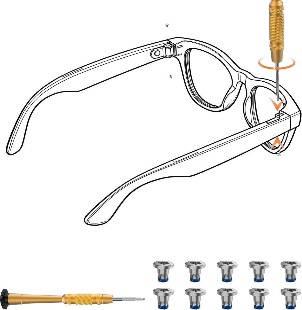Schroevendraaier- en schroevenset voor Ray-Ban Meta Wayfarer/Skyler/Headliner (Gen 2) & Oakley Meta HSTN Brillen Tempelaccessoires, inclusief 1 stuk schroevendraaier en 10 stuks schroeven voor
