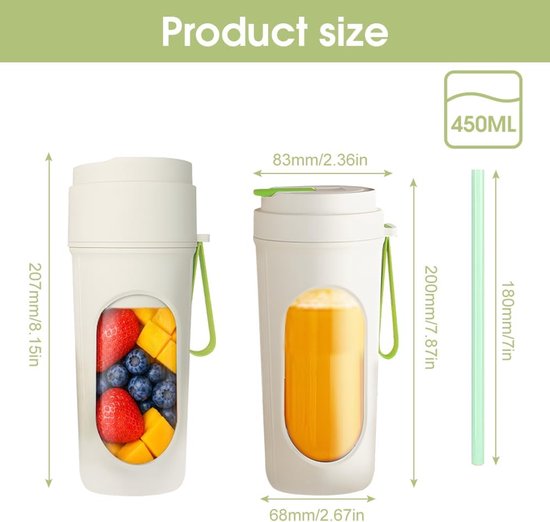 mixer voor smoothie, 450 ml blender smoothie maker to go mini mixer to go USB oplaadbare mini blender met dubbele beker deksel 12 messen persoonlijke blender voor reizen, kantoor — afbeelding 5