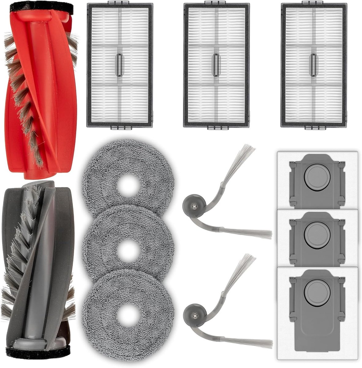 (13 Stuks) Vervangende onderdelen compatibel met Roborock Saros 20, Saros 10R, Qrevo CurvX, Qrevo Curv 2 Pro, robotstofzuiger, 2 rolborstels, 2 zijborstels, 3 stofzakken, 3 HEPA-filters, 3 dweilpads