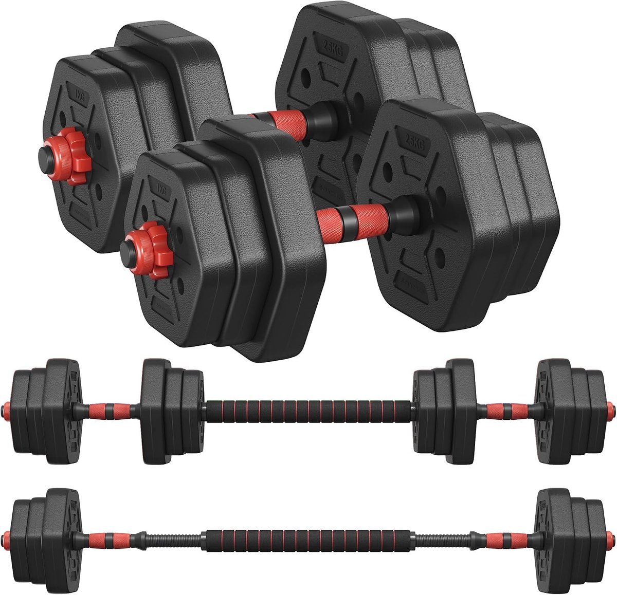 Halterset, Halters met verbindingsstang, Zeshoekig, Korte Halterset, 20 kg, voor Workout, Fitnesstraining, Gewichtheffen voor Thuis, Sportschool, Inktzwart SYL200B01