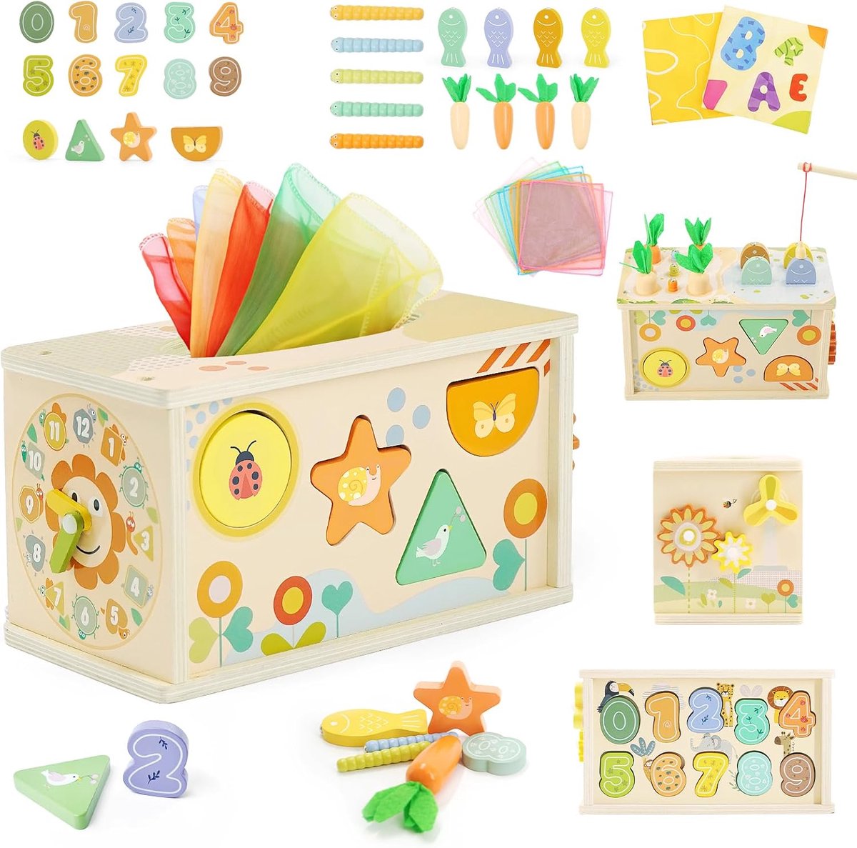 Toys for 1 Year Old, 6 in 1 Wooden Baby Tissue Box Toy with Gears, Fishing Game & Shape Sorter, Educational Fine Motor Skills Toys for 1 2 3 Year Olds Girls Boys, 1st Birthday Gifts