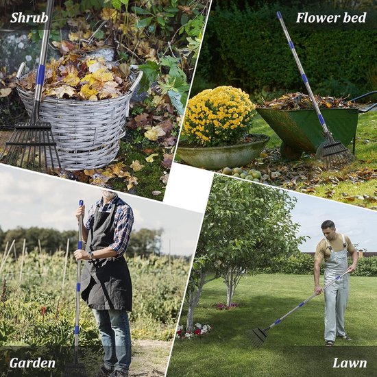 Harken voor tuinieren, met 11 metalen tanden, 21 cm breed, 78 tot 182 cm, verstelbare lange handgreep, voor tuinreiniging, nivellering, zilver — afbeelding 4
