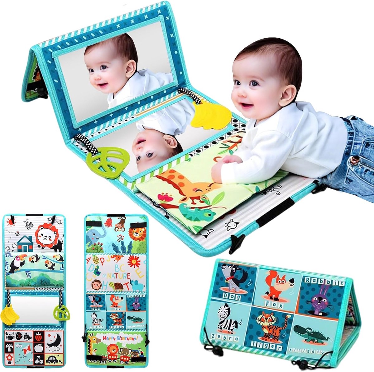 Spiegelspeelgoed met Knisperboek, Opvouwbare Buikspiegel 0-6 Maanden, Tummy Time Speelgoed, Contrastkaarten Baby Contrastboek Stoffen Boek, Speelgoed voor Pasgeborenen en Peuters