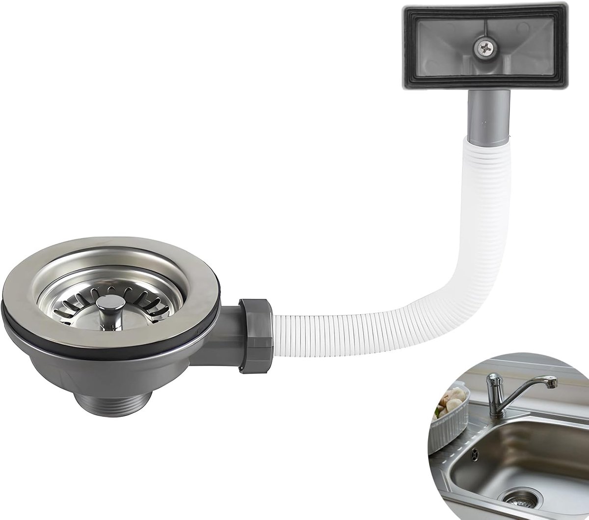 zeefkorfventiel roestvrij staal met overloop 114mm, zeefkorfje keukenspoelbak afvoerplug spoelbak, rechthoekige aansluiting, spoelbakafvoer overloopgarnituur wastafel voor keuken spoel
