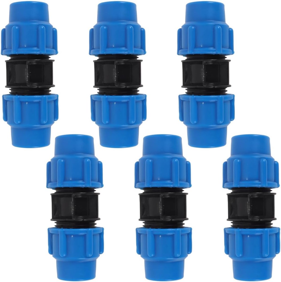6 stuks 25 mm HDPE-kunststof buiskoppelingen, geschikt voor zware omstandigheden en voor de veiligheid van drinkwater.