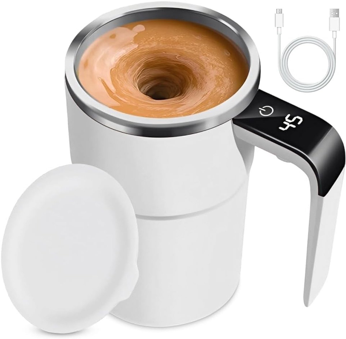 mok, magische mok, zelfroerende beker, zelfroerende beker, melkbeker, roestvrij staal, cacao kop, smart cup voor koffie, thee, warme chocolademelk, cacao, eiwit (model 2 wit)