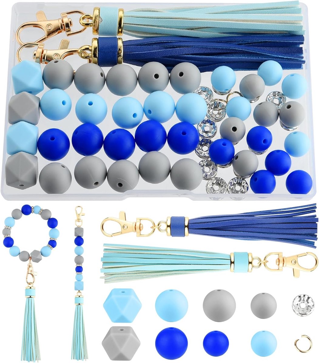 Kralen voor het maken van armbanden, grijs, koningsblauw, lichtblauw met leren kwastjes voor armbanden, knutselen, kralenpennen, decoraties en sieraden maken