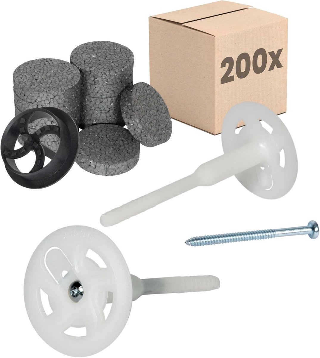 200x Isolatie-schroefplug, 200x sluitringen + 1 frees Ø8 x 180mm | Gevelisolatieplug voor piepschuim en minerale wol, plaatplug, isolatieplug