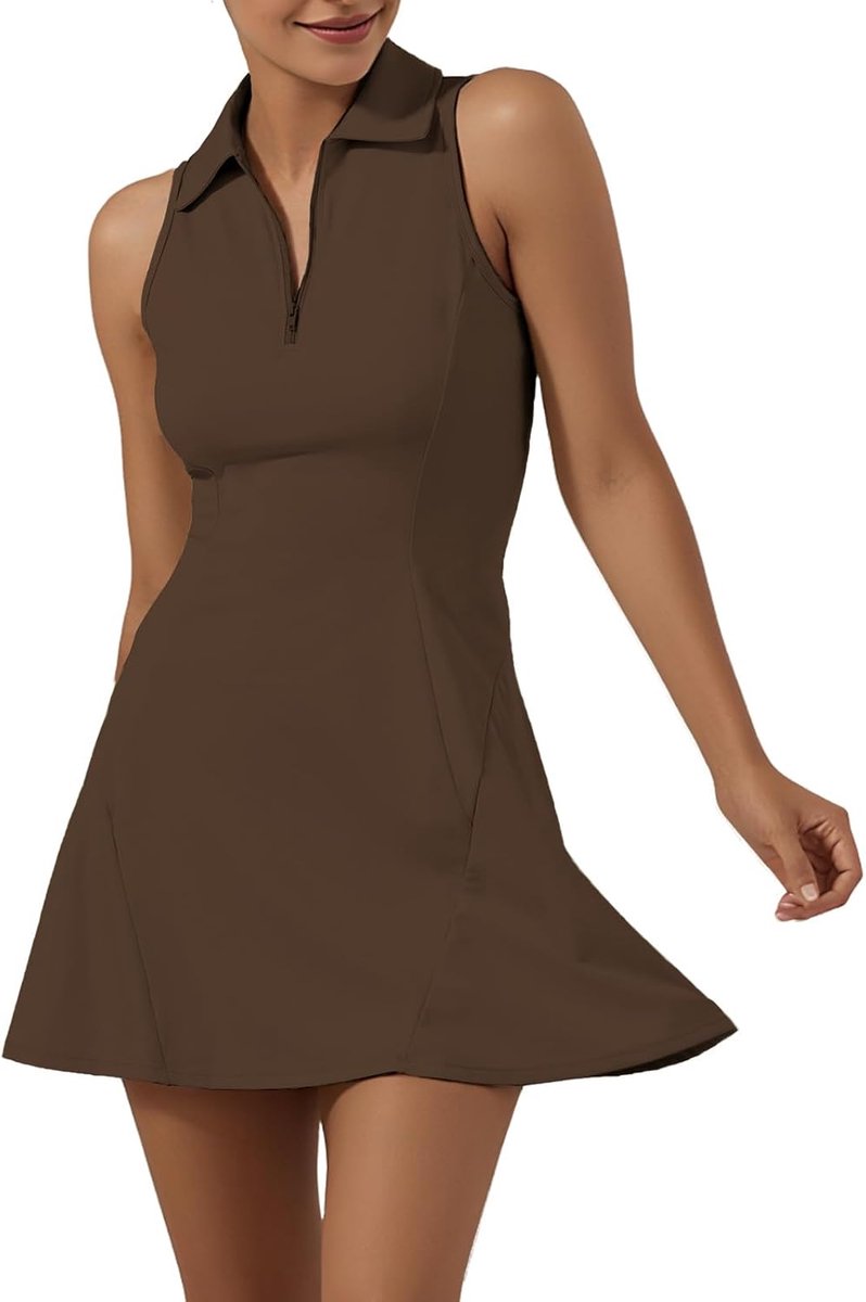 Tennisjurk voor dames, mouwloze atletische jurk met korte broek, 2 zakken, rits, poloshirt, golfoutfit, work-out, casual