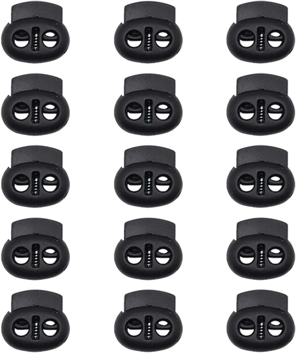 Koordstoppers met veer met dubbel gat, 22 x 20 mm, gat 5 x 5 mm, geschikt voor ritssluiting, jas, sportkleding, rugzak, rubberen ritssluiting, veters, koord, 15 stuks, Zwart, normal