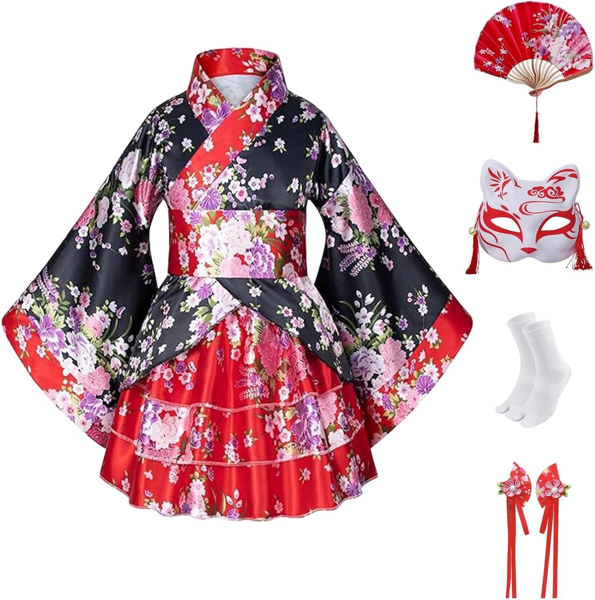 5-delige Set Kinder Kimono Kostuum, Traditioneel Japanse Stijl Yukata Jurkje voor Culturele Evenementen en Optredens