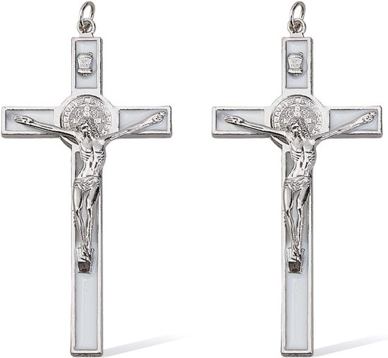 2 Stks 10.6x5.35cm Kleine Legering Muur Kruis Wit Emaille Kruisbeeld Saint Benedictus Muur Kruisen Jezus Christus Kruisbeeld Katholiek Christelijk Kruis Decor Pasen Geschenken Voor Vrouwen