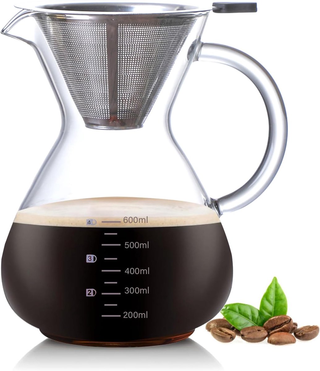 Over Coffee Maker, 600 ml, handmatig koffiezetapparaat met herbruikbaar koffiefilter en hittebestendig handvat, kleine druppelkoffiezetapparaat bereidt tot 4 kopjes voor barista