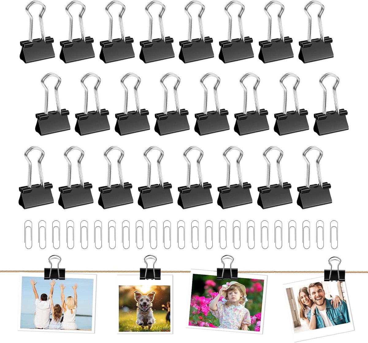 100 stuks documentklemmen, 19 mm dubbele cliptang met 1 doos paperclips, papierklemmen, bindclips voor notities, briefpapier, zwart
