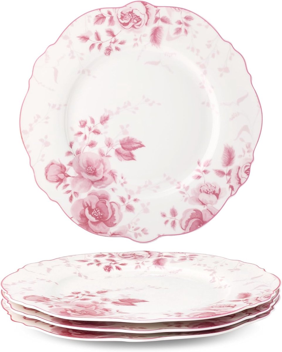fanquare 26.7cm Grote Ronde Roze Bloemen Porselein Dinner Plate Sets van 4 | Elegante Pasta Voorgerecht Steak Serveerschalen voor Magnetron & Vaatwasser Veilig
