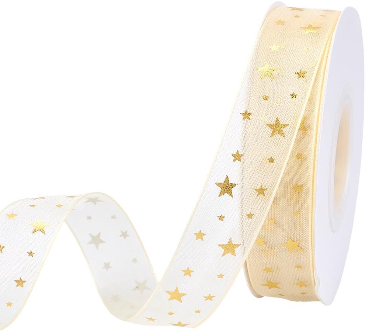 22,86M 20mm Gouden Ster Print Lint Sterren Patroon Glitter Transparante Chiffon Zijden Garen Gedrukt Linten Trim Bulk Met Spoel Voor Naaien Maken Ambachten Gift Wrapping Krans Supply