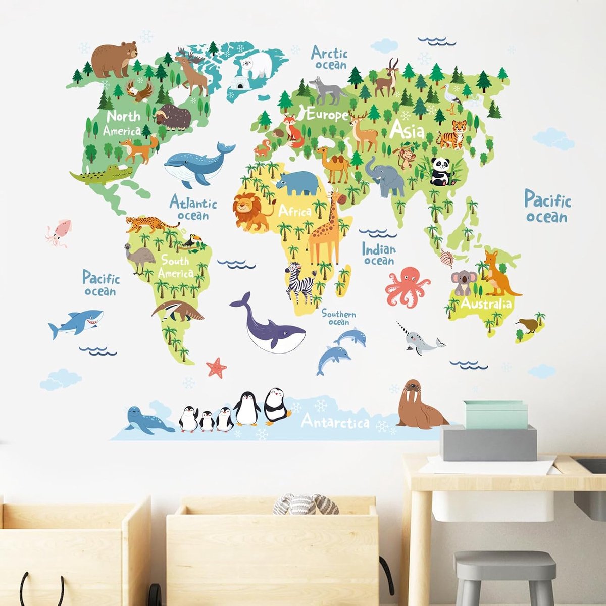 Cartoon Educatieve Dieren Wereldkaart Muurstickers | Schil en plak muurstickers voor kinderen kinderkamer slaapkamer woonkamer klaslokaal