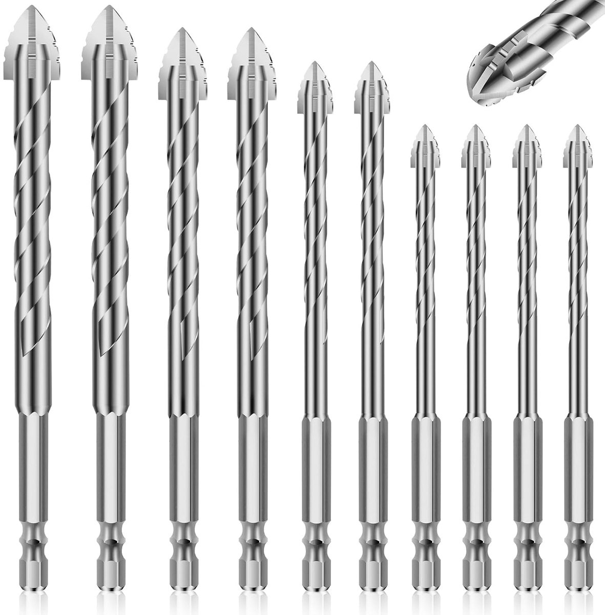 10-Delige Betonboorenset, Hardmetalen Boren, 1/4" Zeskantschacht Met Hardmetalen Punt Voor Glas, Tegels, Hout, 6/8/10/12mm
