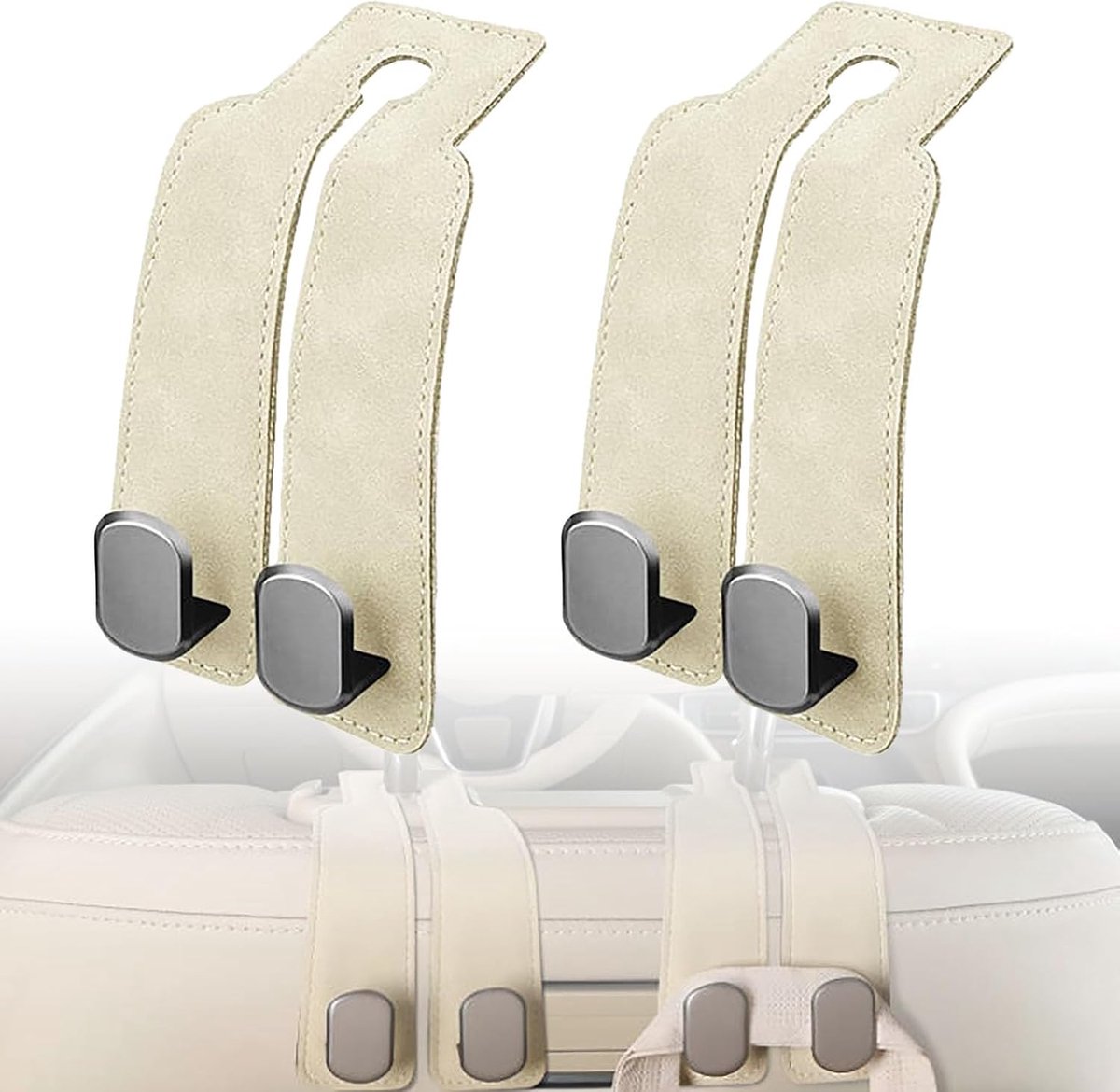2 stuks autohaken van leer, autostoel, dubbele haak, rughaak, kledinghanger, autohaak, hoofdsteunhouder voor het ophangen van portemonnees en handtassen, boodschappentas (beige 1)