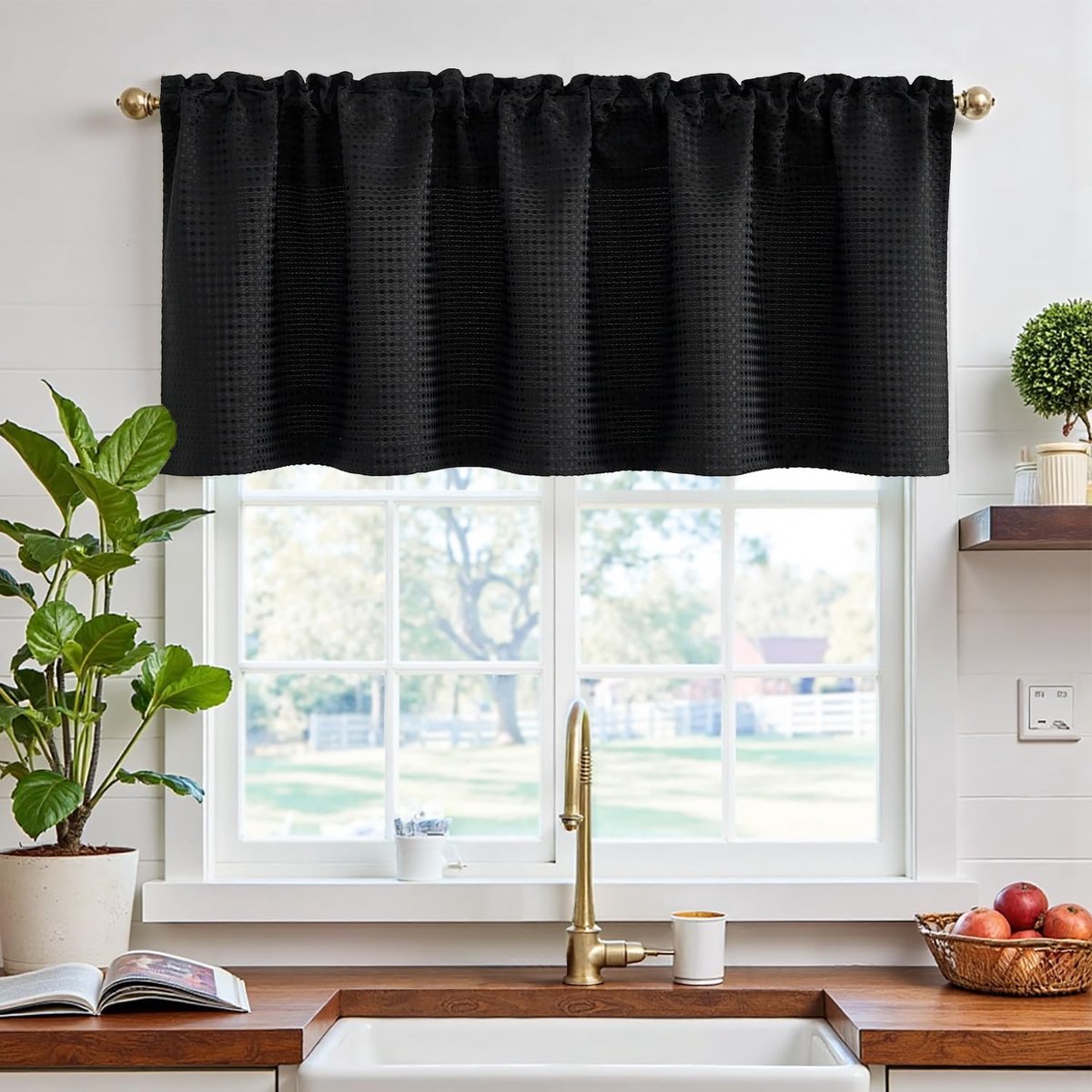 Keukengordijnen, kort, ondoorzichtig, moderne kast, met wafelpatroon, zwart, 150 x 45 cm, binnengordijn met stangzak met wafelpatroon, ideaal voor kleine ramen, keuken, kast, 1 paneel