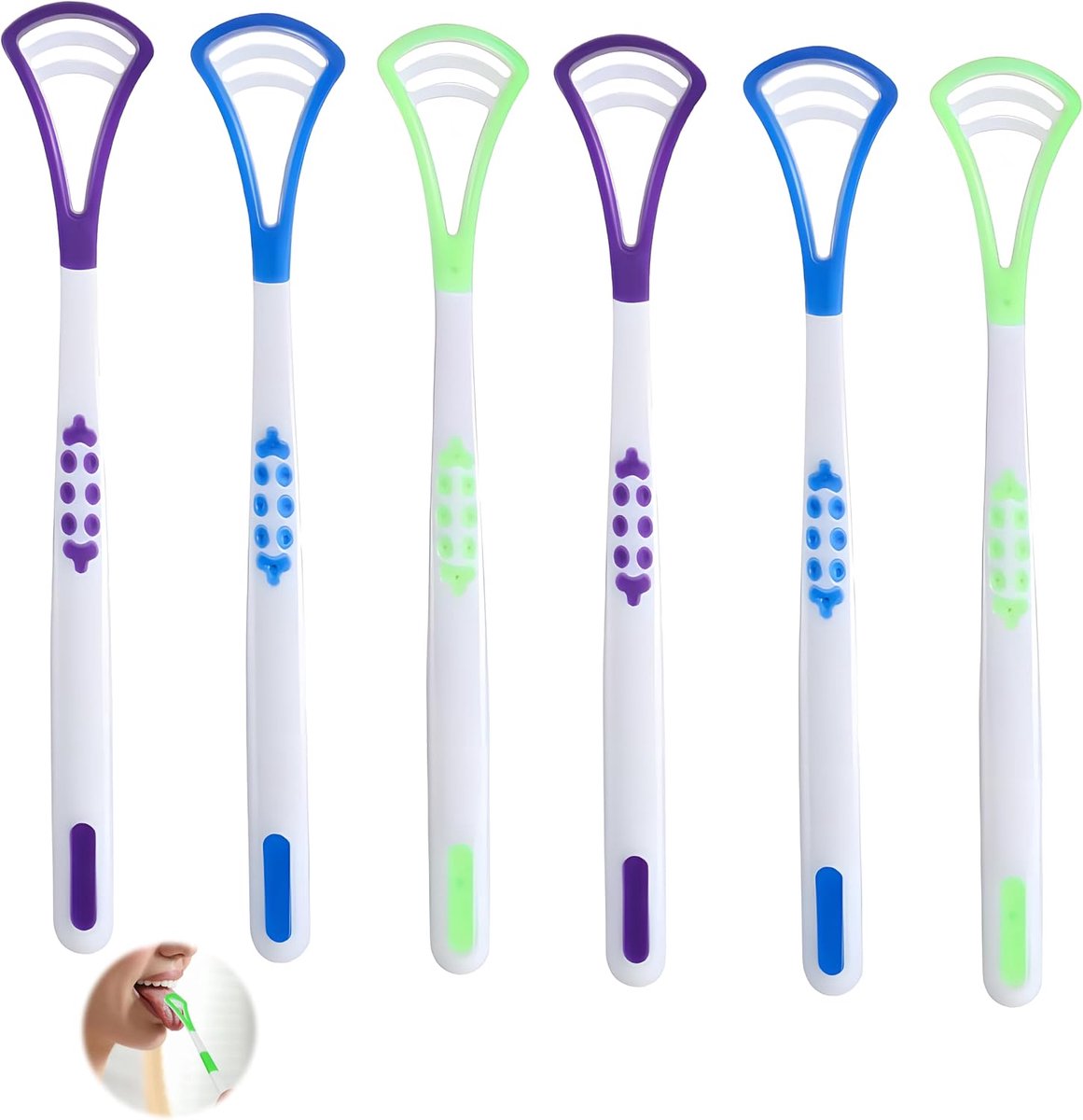Set van 6 tongschrapers, 2-in-1 voor volwassenen en kinderen, tongschraper, tongreiniger, voor het verwijderen van slechte adem, verbetert je mondhygiëne
