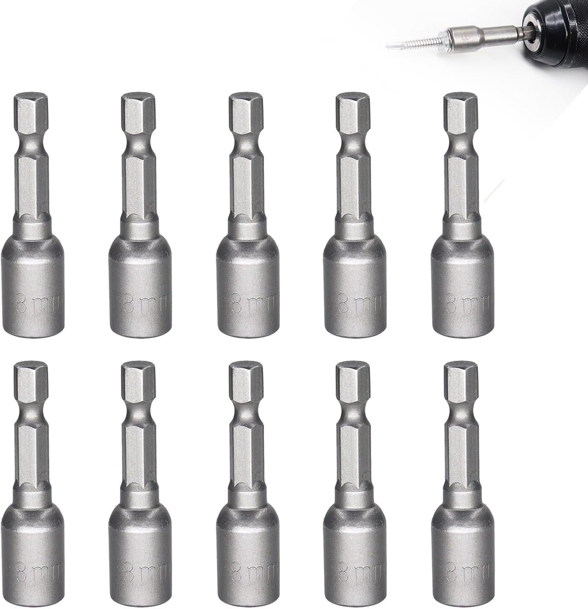 10-delige magnetische 8 mm doppenset, 1/4 inch zeskantbitset, metrische spline-doppenset, zeskant voor boormachines of accuboormachines, accessoires voor