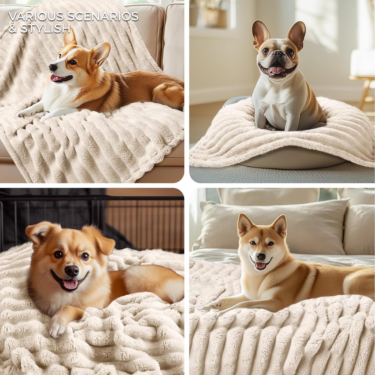 3-delige deken voor honden en katten, hondenmat, bankbescherming, bed, auto, machinewasbaar, ideaal voor grote en kleine dieren, beige, 76 x 104 cm