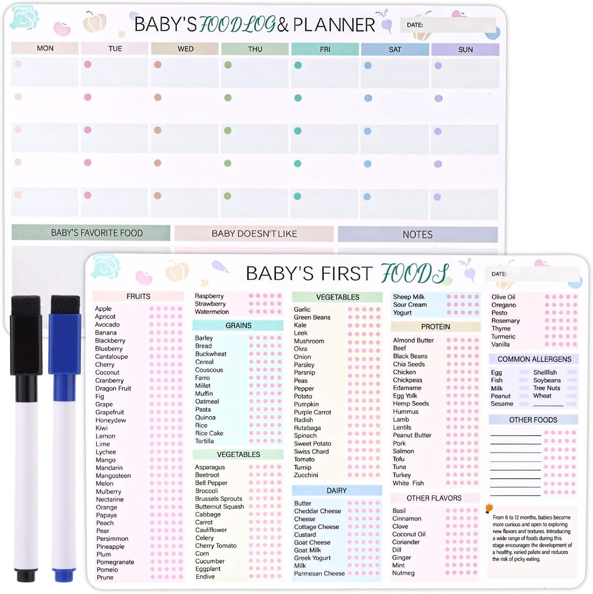 Baby First Foods Tracker Koelkastmagneet, 30x20cm 2st Magnetische Babyvoeding Checklist & Dagelijkse Voedsellogboek Maaltijdplanner Whiteboard Babyvoedingslijst voor Nieuwe Ouders Babysitter