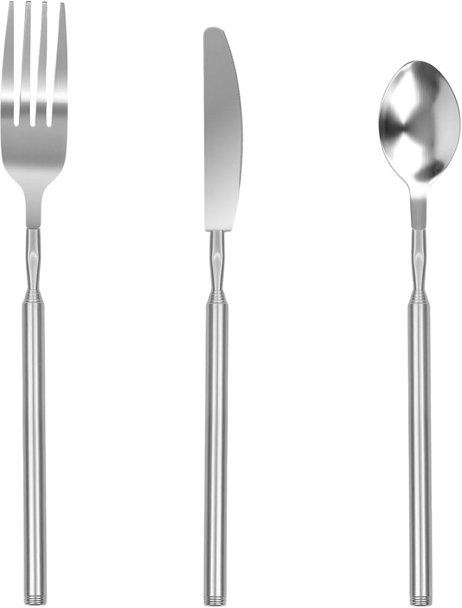 3-delige telescopische vork, telescopische lepel, BBQ roestvrij staal, uittrekbare vork, lepel, steakmes, robuust en duurzaam, telescopische vork, voor BBQ, toasten, diner, fruit, dessert