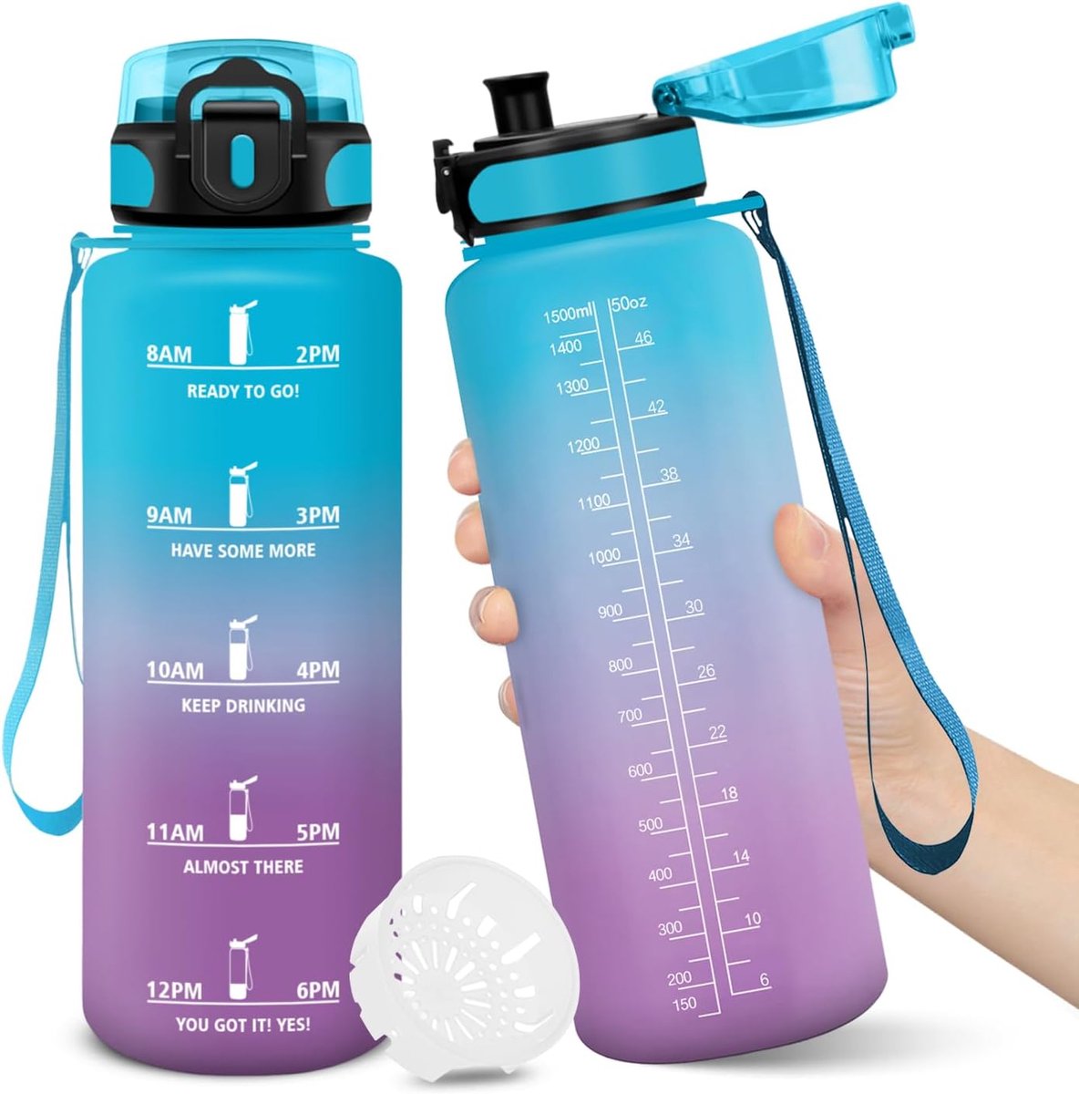 1500ML Bpa-Vrij, Waterfles, Lekvrij Slotontwerp, Drinkflessen, Met Tijdstempel, Drinkfles voor Kinderen, Lekvrij voor Yoga, Sport, Kampeerwaterfles, hardlopen, bergbeklimmen - BlauwPaars