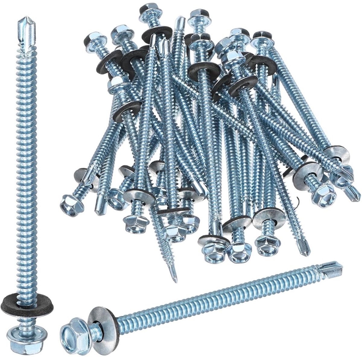 METERXITY 25 stuks zelftappende schroeven met rubberen afdichting M6,3 x 100 mm van verzinkt koolstofstaal met zeskantkop voor metalen daken/bekledingsplaten/stalen structuren
