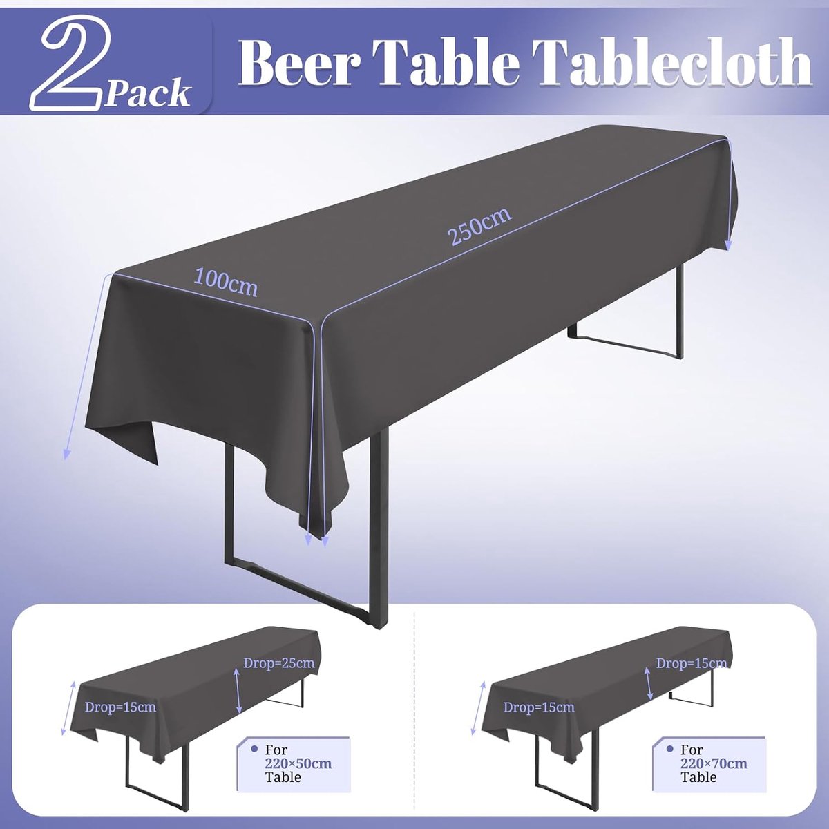 Tafelkleden, 250 x 100 cm, bier tafelhoes, universeel voor 50 cm en 70 cm biertafel, wasbaar polyester rechthoekig tafelkleed voor buitenfeest/banketten