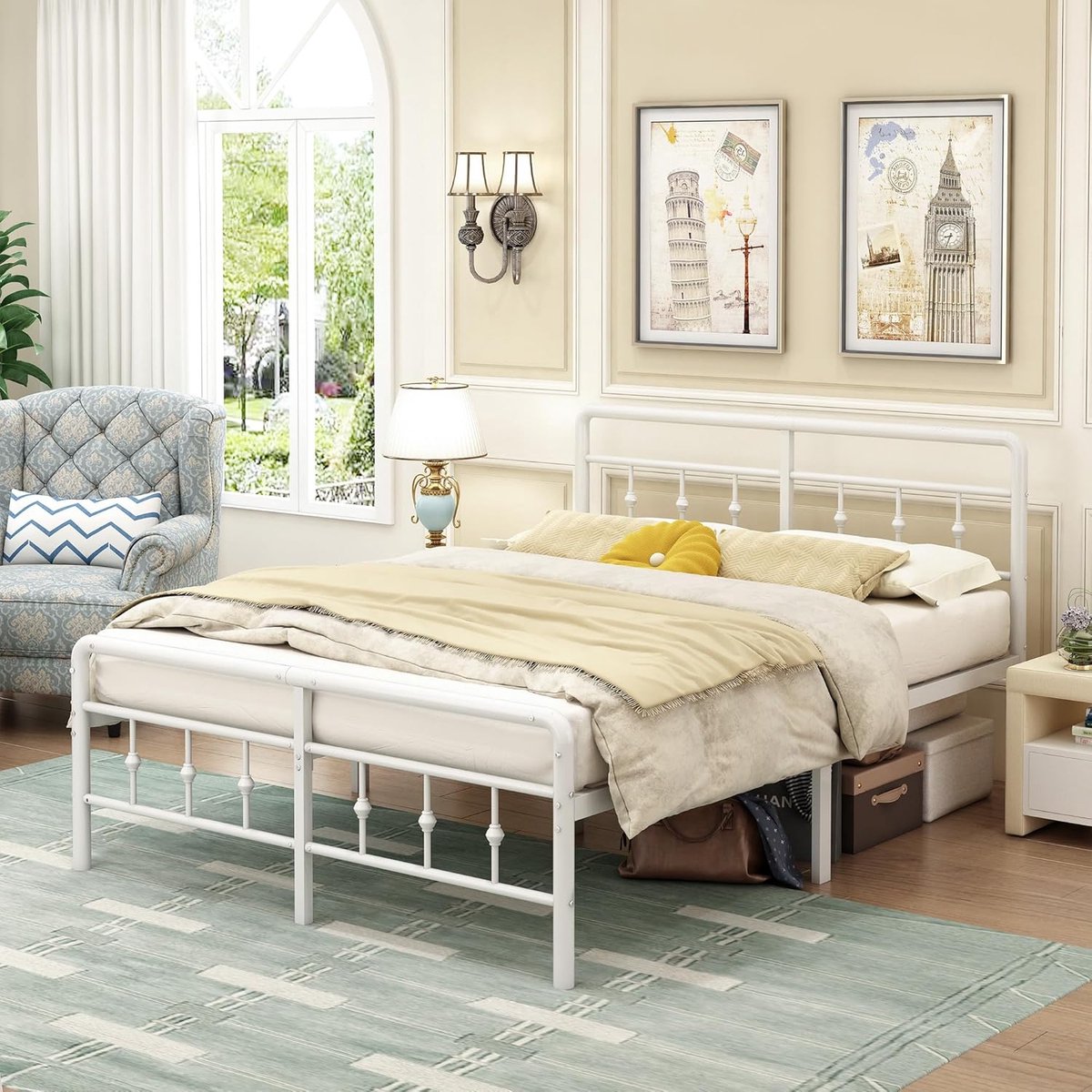 Metalen Bedframe 140 x 190 cm met Hoofdeinde en Voetenbord, Heavy Duty Bedframe 46 cm hoog met stalen lattenbodem, Eenvoudige montage, Geluidsvrij, Wit