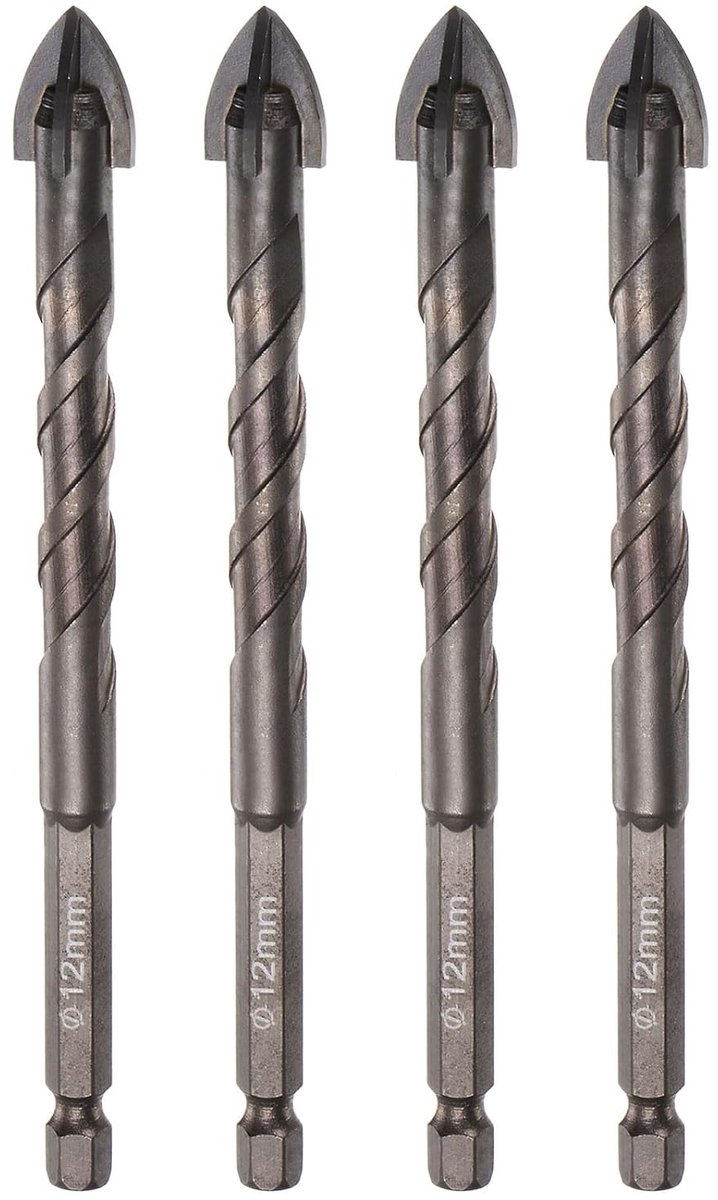 Tegelboor, 4 stuks glasboren 12 mm, YG6X-hardmetaal, diamantboor met 1/4 inch zeskantige schacht voor keramische tegels, glas, beton, baksteen, kunststof hout (lengte 122 mm)