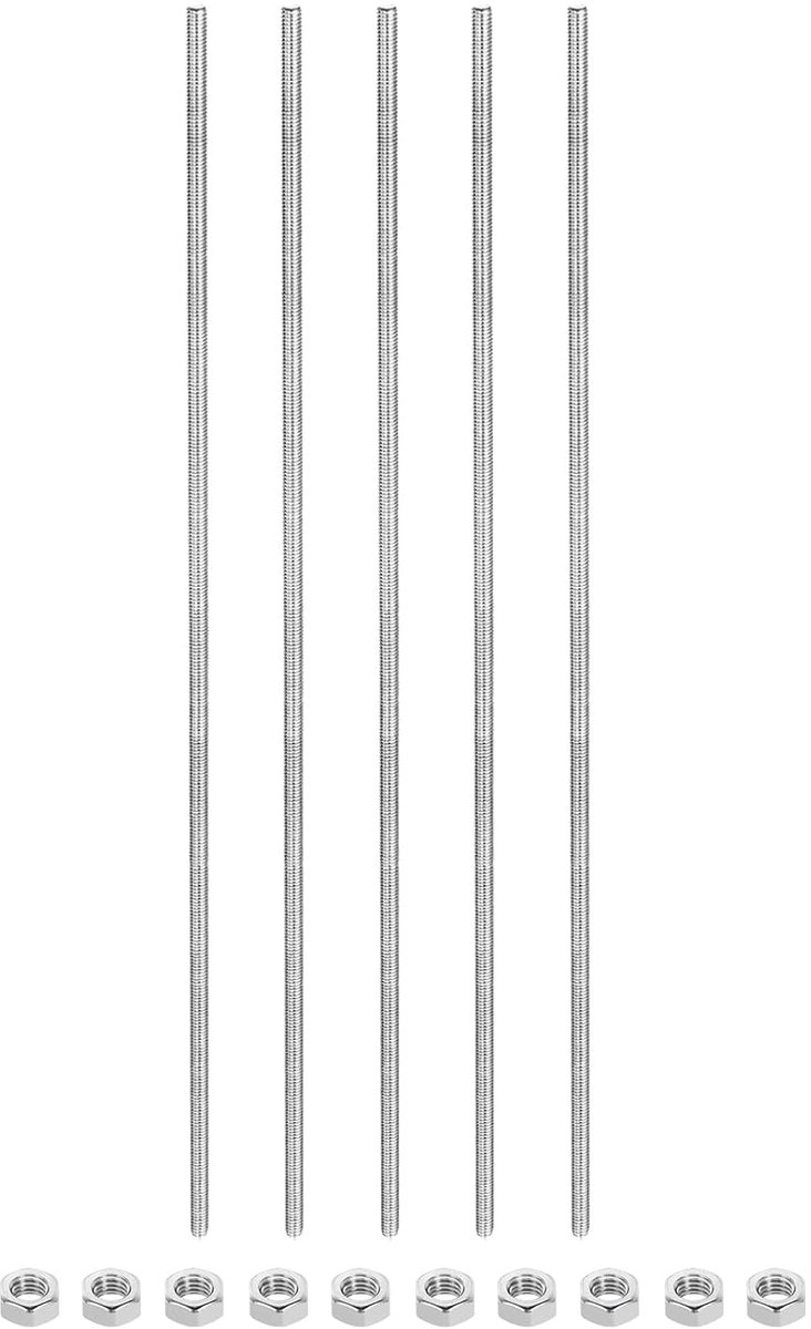 5 stuks schroefdraadstangen M4 x 200 mm schroefdraadpennen 10 stuks zeskantmoeren, 1,25 mm schroefdraadhelling 304 roestvrij staal rechtse schroefdraad staafpennen