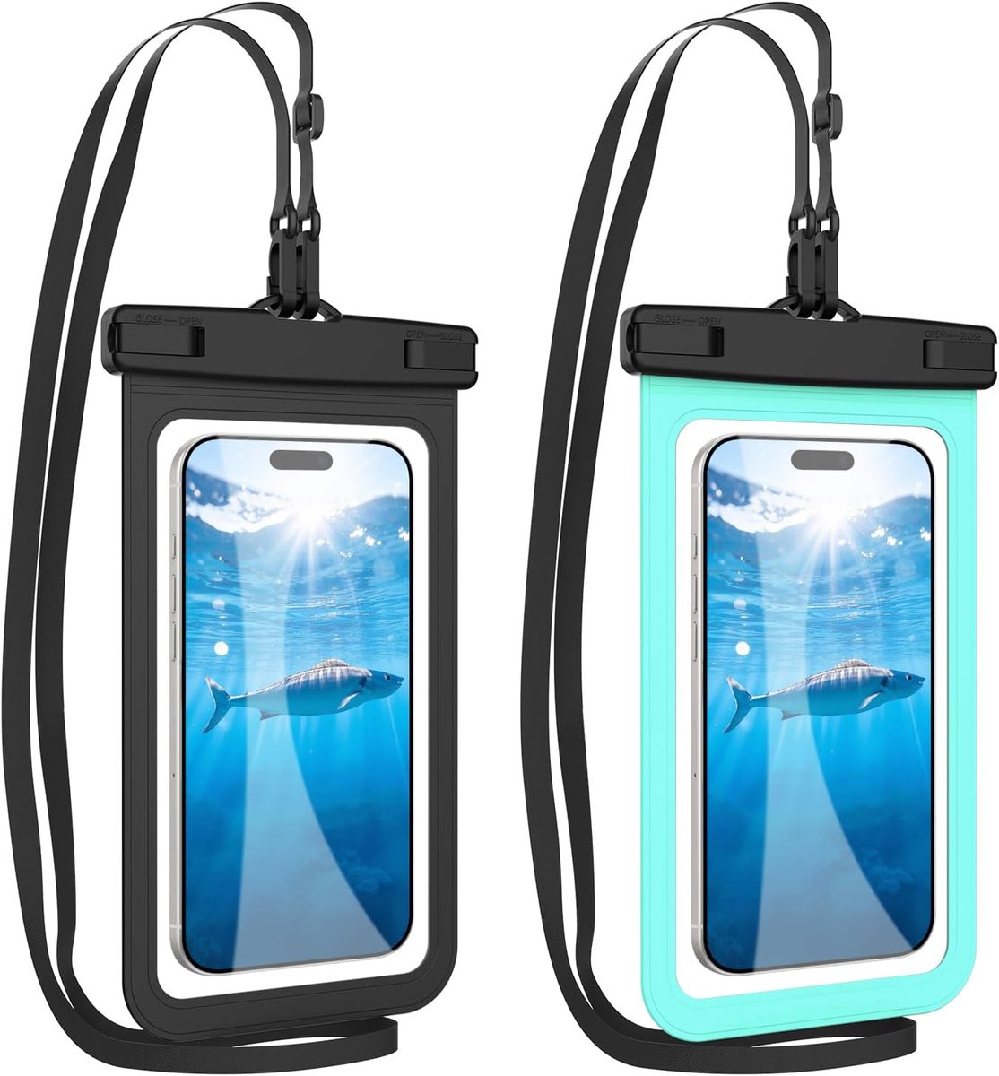 Waterdichte telefoonhoesjes IPX8, onderwater telefoonhoes, waterdichte hoes voor iPhone 16e, 16, 15, 14, 13, Samsung smartphone tot 7,2 inch, zwart/lichtgroen