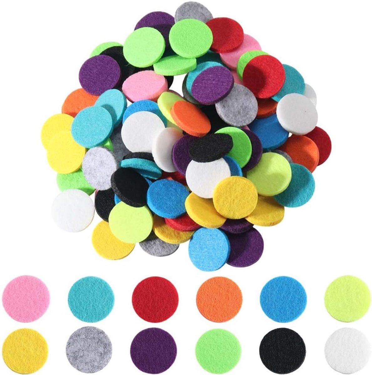 96 stuks 12 viltpads voor autodiffuser, ronde en platte navulpads voor etherische oliën, 17 mm, verschillende gekleurde navullingen, parfummedaillon, vervangende vezels