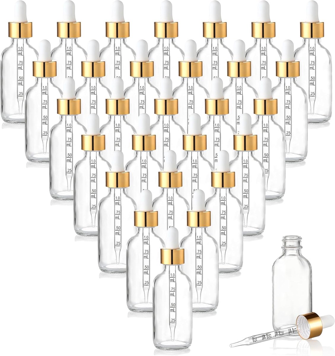 30ml Pipetflesjes 24 stuks – Helder Glas met Gegradueerde Pipetten – Inclusief Trechter, Pipetten en Stickers – Voor Essentiële Oliën, Tincturen en Parfumoliën