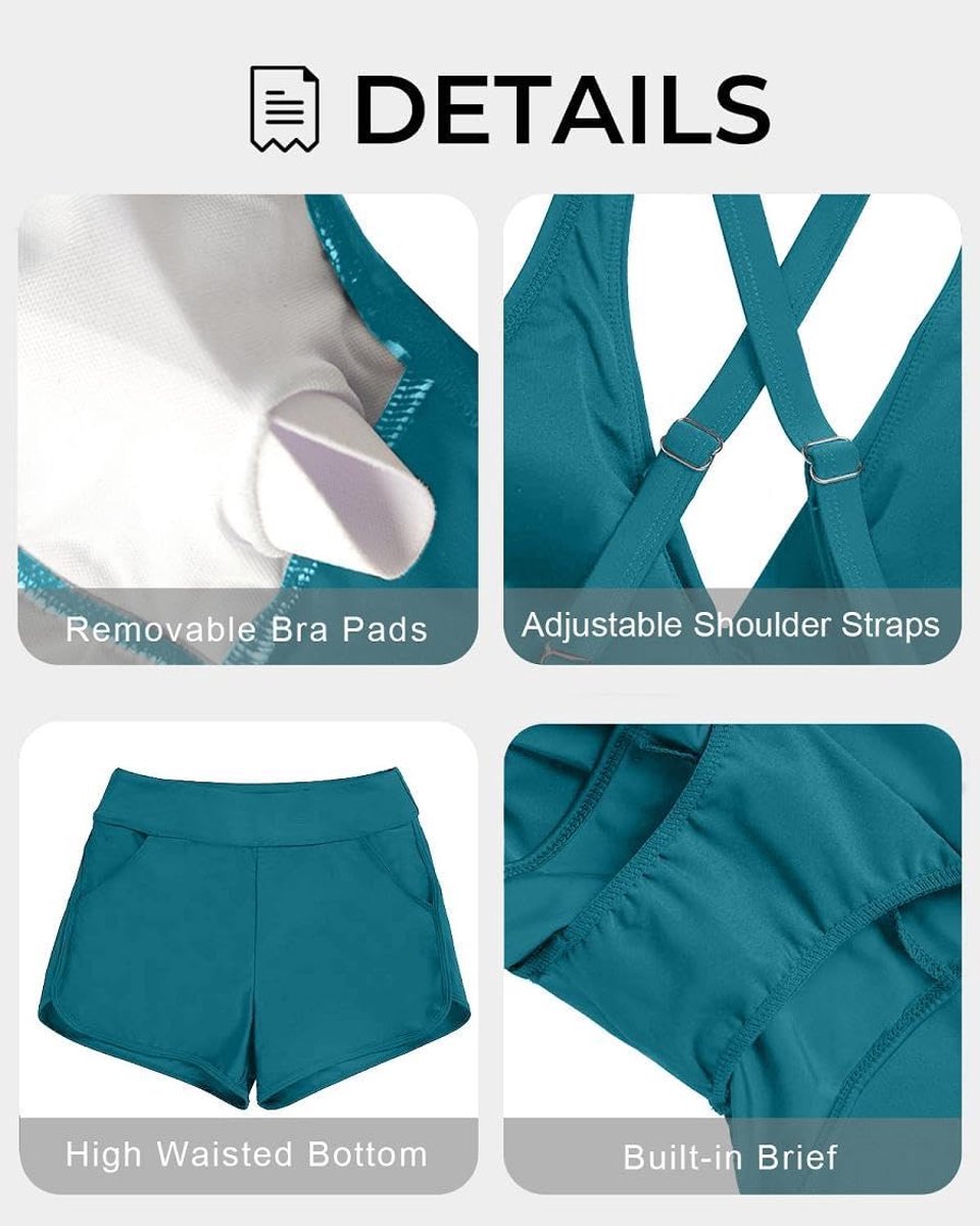 Sets voor dames, buikcontrole, zwemkostuum, 2-delig, push-up-gewatteerde badmode, tankini top met boyshorts, bikinibroekje, V-hals, badpakken