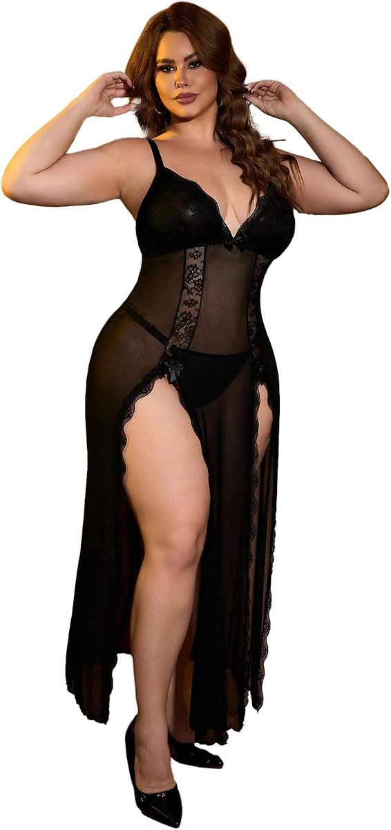 negligé dames sexy mesh jurk met split lingerie sexy lingerie set kant lingerie push up babydoll V-hals comfortabel ondergoed grote maten transparant nachtkleding met slip