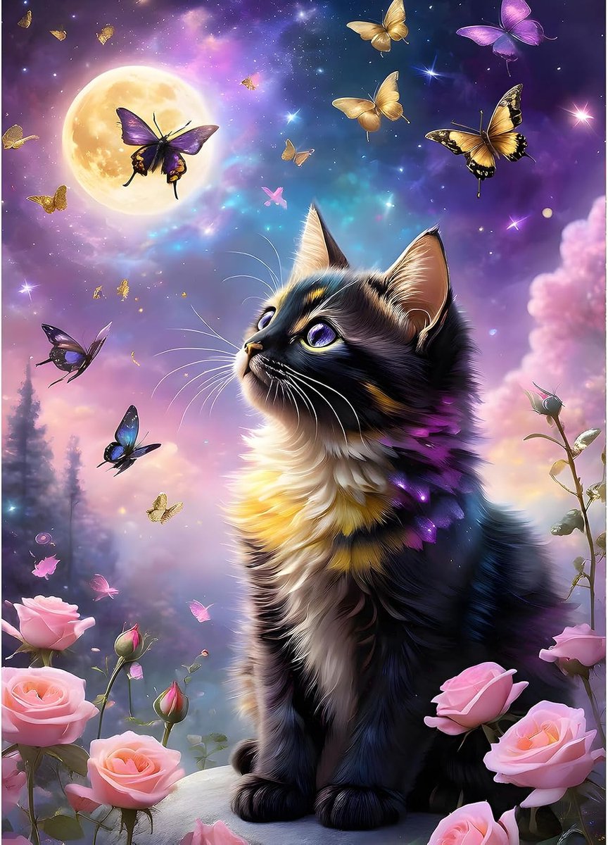 Kitten Diamond Painting Volwassenen, 5D Maan Kat Diamant Kunst Foto's Beginners, DIY Vlinder Ronde Volledige Boor Diamanten Schilderij Borduurwerk Kruissteek Geschenken Home Wall Decor 30 x 40