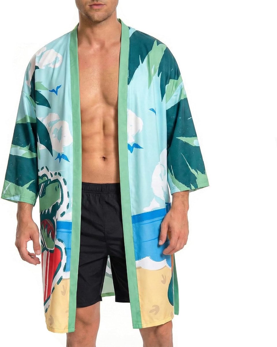 Mannen Lichtgewicht Kimono Robe met Riem Japanse Stijl Gewaad Jas Unisex Casual Open Front Lange Vest Cape Jas Uitloper, Dinosaurus, M