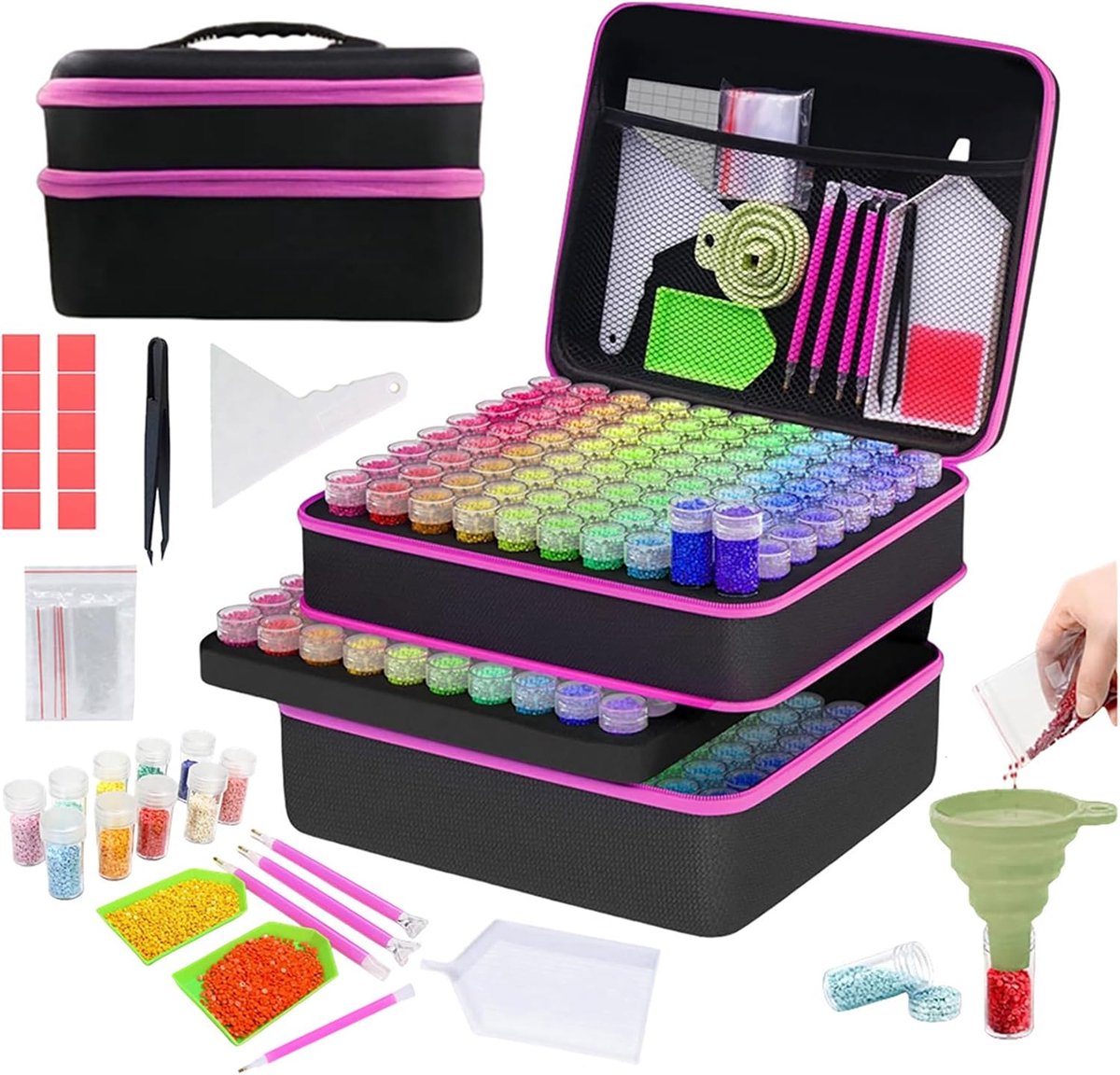 Painting accessoires, Diamond Painting Kit, 240 kleine flessen, met doos, trechter en stickers en andere accessoires, voor diamantschilderen, opbergen, enz. (Kleur: roze)